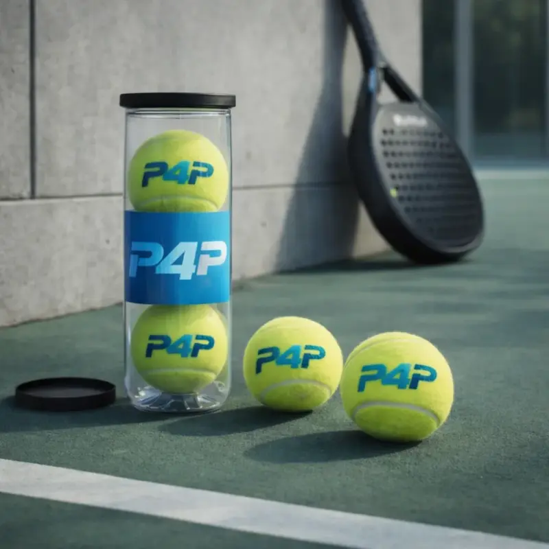 Transparente Padelballe-Dose mit P4P Logo und drei gelben Paedelbaellen auf einem Padelcourt neben einem Padelschlaeger - Padelballe Kategoriebild Padel4Players Padelshop