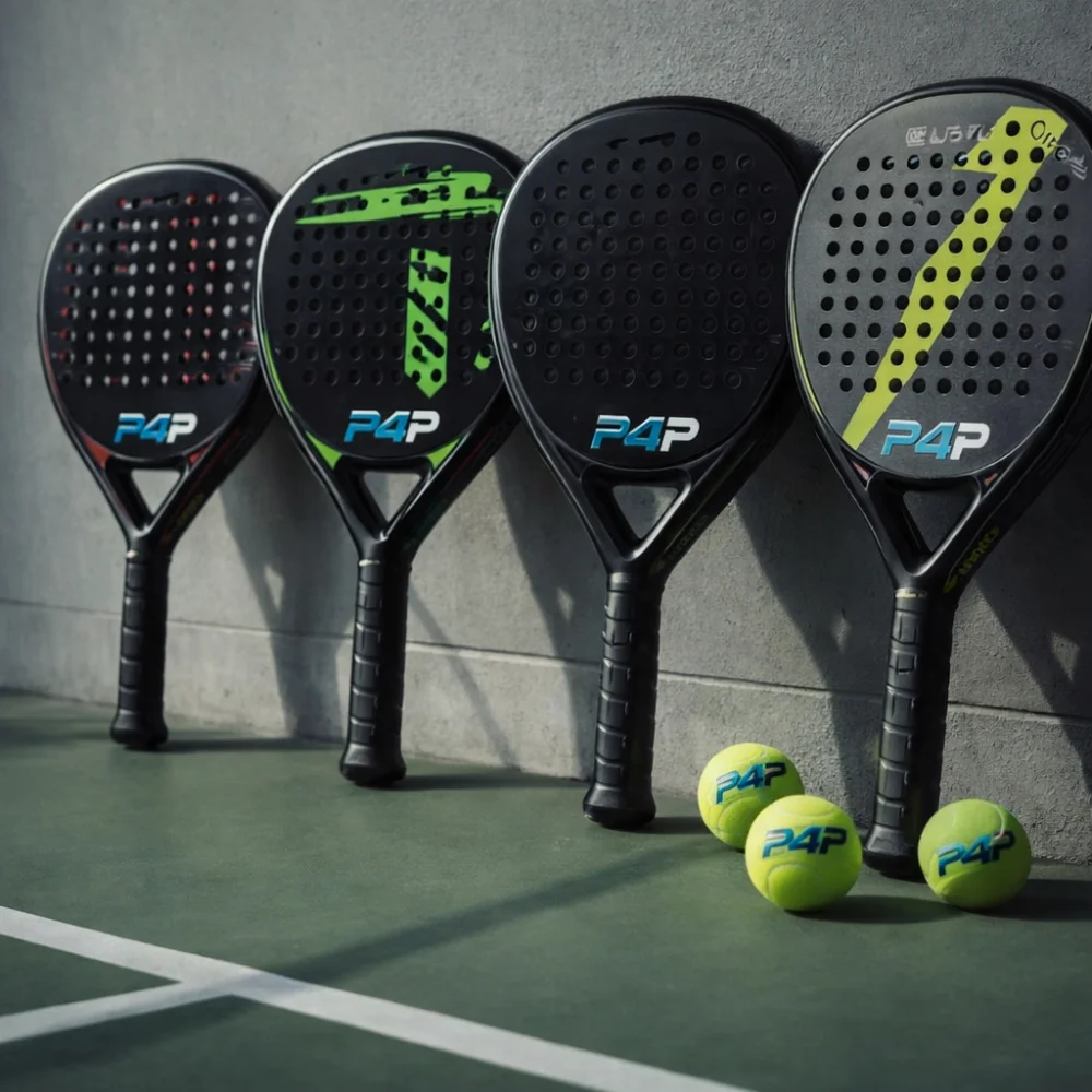 Vier schwarze Padelschlaeger mit P4P Logo an einer Wand auf einem Padelcourt mit drei Paedelbaellen davor - Padelschlaeger Kategoriebild Padel4Players Padelshop