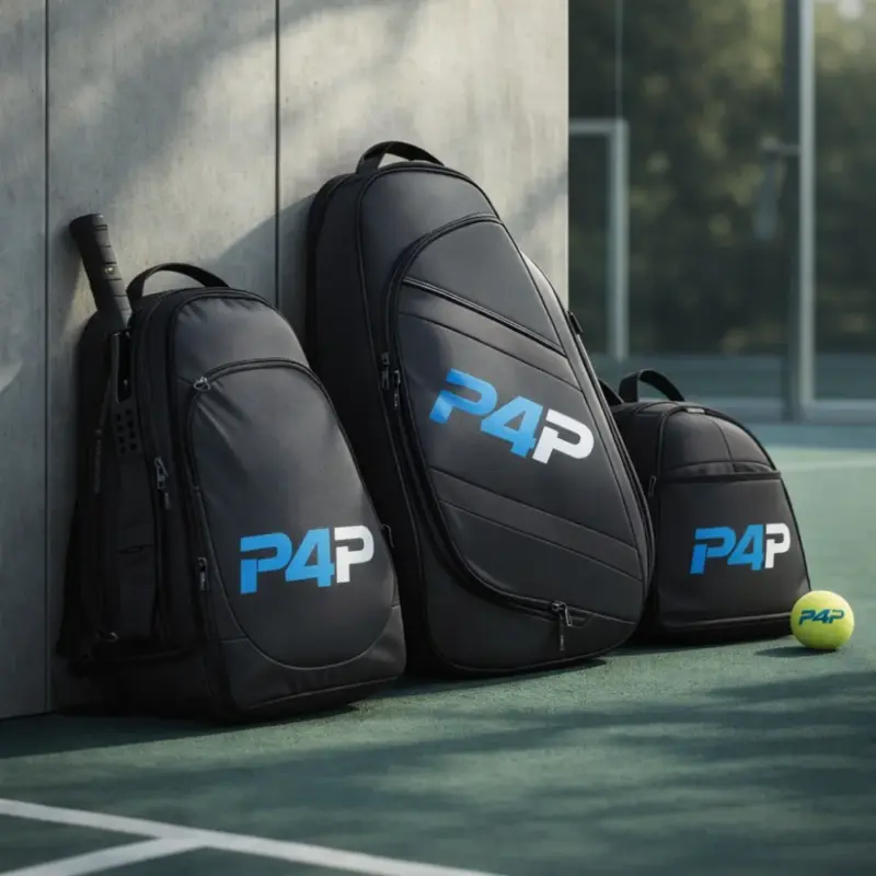 Drei schwarze Padeltaschen mit P4P Logo an einer Wand auf einem Padelcourt - Padel-Taschen Kategoriebild Padel4Players Padelshop