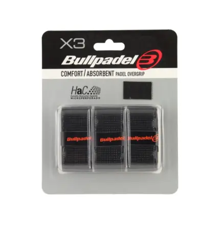 Bullpadel GB-1201 Comfort Absorbent Overgrip Schwarz 3er-Pack in Blisterverpackung mit HaC System