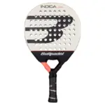 Beige-schwarzer Bullpadel Indiga Woman 2026 Padelschlaeger Vorderseite in runder Form mit korallen Akzenten