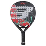 Schwarzer Bullpadel Ionic Control Padelschlaeger Vorderseite in Rundform mit rot-tuerkisen Designakzenten und weissem Bullpadel B-Logo