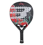 Schwarzer Bullpadel Ionic Control Padelschlaeger Vorderseite in Rundform mit rot-tuerkisen Designakzenten und weissem Bullpadel B-Logo