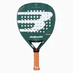 Dunkelgruener Bullpadel Ionic Power Padelschlaeger Vorderseite Diamantform mit weissem Bullpadel B-Logo und charakteristischem orangenem Griff
