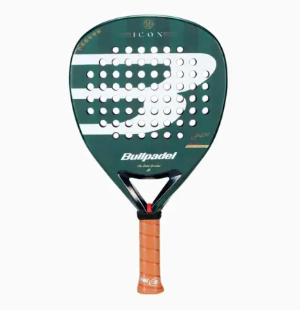 Dunkelgruener Bullpadel Ionic Power Padelschlaeger Vorderseite Diamantform mit weissem Bullpadel B-Logo und charakteristischem orangenem Griff