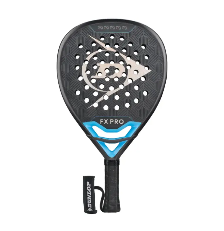Dunkelgrauer Dunlop FX Pro 2026 Padelschlaeger Vorderseite in Diamantform mit blauen Akzenten