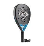 Dunlop FX Pro 2026 Padelschlaeger Schraegansicht mit dunkelgrauem Rahmen und blauen Details