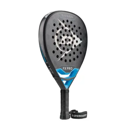 Dunlop FX Pro 2026 Padelschlaeger Schraegansicht mit dunkelgrauem Rahmen und blauen Details