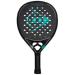 Schwarzer Dunlop Galactica Team 2026 Padelschlaeger Vorderseite in Tropfenform mit tuerkisen Akzenten