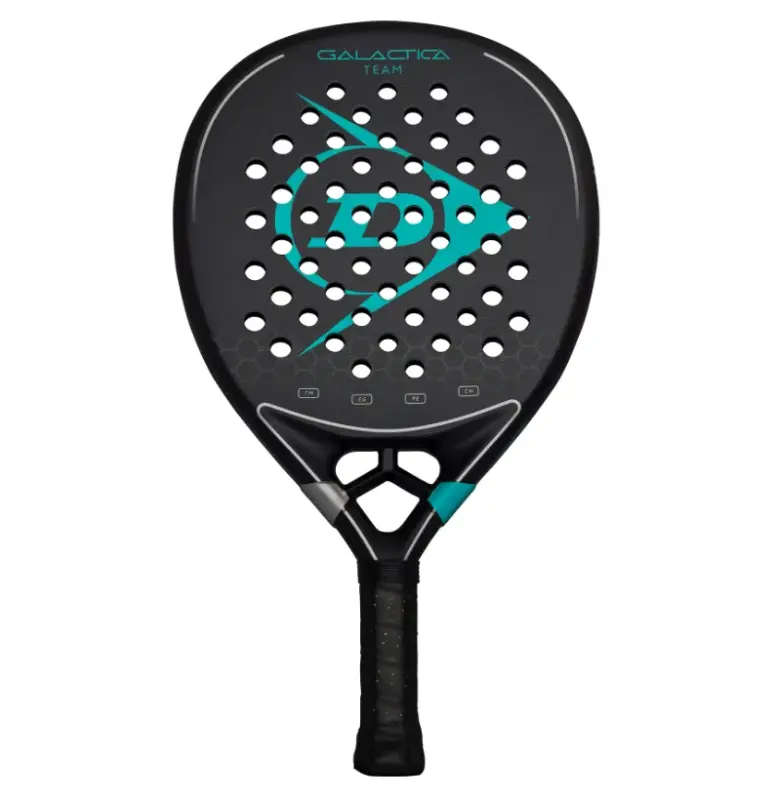 Schwarzer Dunlop Galactica Team 2026 Padelschlaeger Vorderseite in Tropfenform mit tuerkisen Akzenten