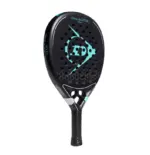 Dunlop Galactica Team 2026 Padelschlaeger Schraegansicht mit schwarzem Rahmen und tuerkisen Details
