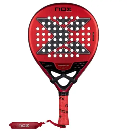 Rot-schwarzer Nox EA10 Ventus Hybrid 12K Xtrem 2026 Padelschlaeger Vorderseite in Tropfenform