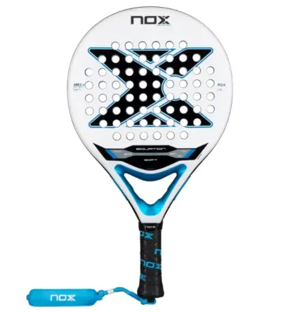 Weiss-blauer Nox Equation Soft Advanced 2026 Padelschlaeger Vorderseite in runder Form