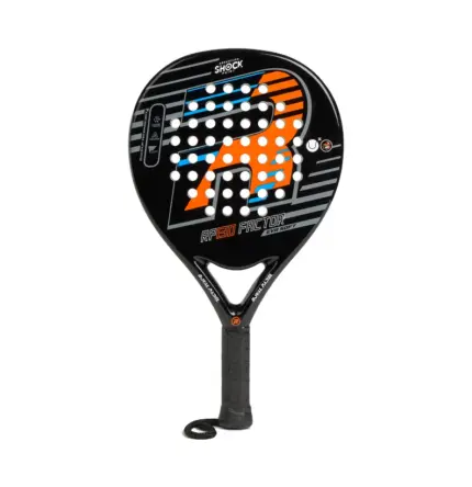 Schwarzer Royal Padel 130 Factor 2026 Padelschlaeger Vorderseite in Tropfenform mit bunten Farbakzenten