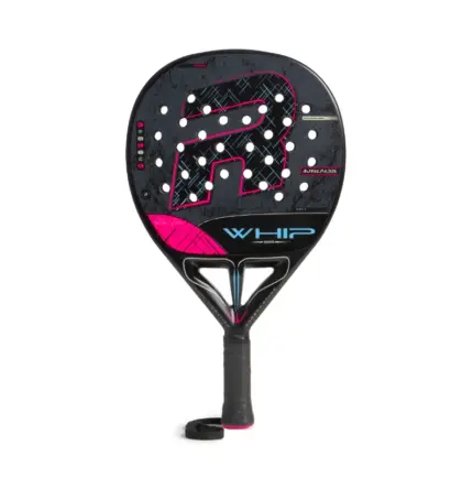 Schwarz-pinker Royal Padel Whip Light 2026 Padelschlaeger Vorderseite in runder Form mit blauen Akzenten