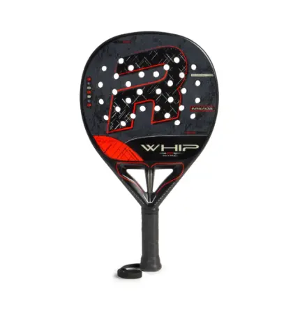 Schwarzer Royal Padel Whip Polietileno 2026 Padelschlaeger Vorderseite in Tropfenform mit roten Akzenten