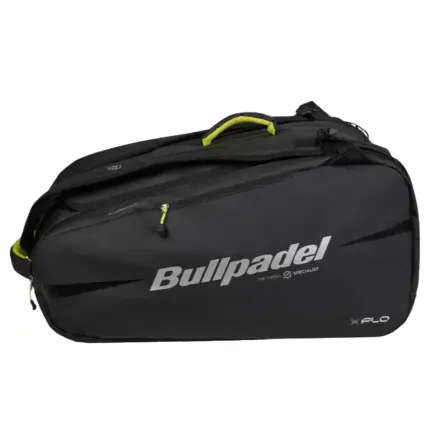 Schwarze Bullpadel XPLO Padeltasche Schraegansicht liegend mit Bullpadel Logo und lime Akzenten