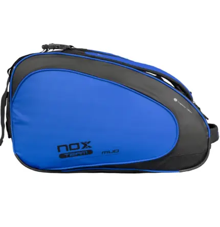 Blau-schwarze Nox ML10 Team Padeltasche Frontansicht liegend mit NOX Logo