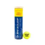 Dunlop Fort Padel 3+1 Padelbaelle blaue Tube frontal mit gelbem Padelball daneben und 1 Ball Free Promo-Sticker FIP-zugelassen