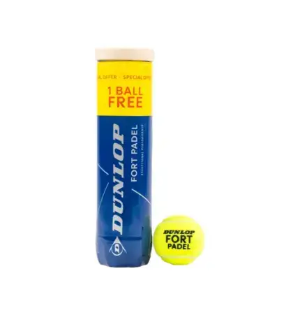 Dunlop Fort Padel 3+1 Padelbaelle blaue Tube frontal mit gelbem Padelball daneben und 1 Ball Free Promo-Sticker FIP-zugelassen