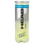 Head Padel Pro+ Padelballe transparente Tube stehend mit 3 gelben Baellen blauem EXTRA DURABILITY Sticker und HEAD Schriftzug