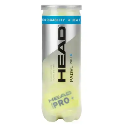 Head Padel Pro+ Padelballe transparente Tube stehend mit 3 gelben Baellen blauem EXTRA DURABILITY Sticker und HEAD Schriftzug