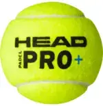Head Padel Pro+ gelber Padelball Nahaufnahme mit grossem schwarzem HEAD Schriftzug PADEL PRO+ Logo und blauem Plus-Zeichen weisse Nahtlinie