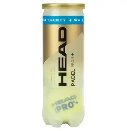 Head Padel Pro S+ Padelballe gold-champagner Tube stehend mit blauem EXTRA DURABILITY Sticker HEAD Schriftzug und PADEL PRO S+ Beschriftung