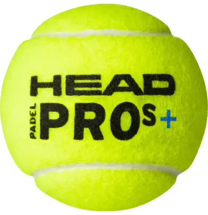 Head Padel Pro S+ gelb-neongruener Padelball Nahaufnahme mit schwarzem HEAD Schriftzug PADEL PRO S+ Logo blauem S und blauem Plus-Zeichen