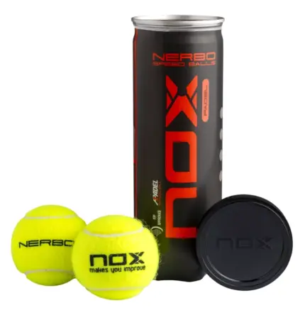 NOX Nerbo Padelballe schwarze Dose mit rotem NOX Schriftzug und NERBO SPEED BALLS Aufschrift zwei gelb-gruene Padelballe vor der Dose