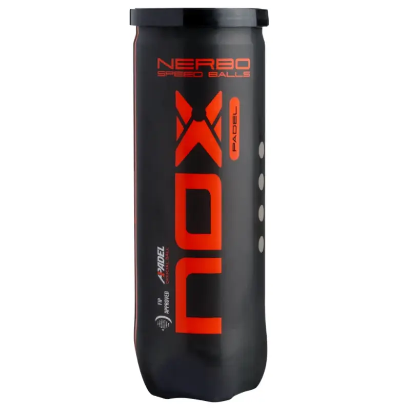 NOX Nerbo Padelballe Dose Frontansicht schwarz mit grossem rotem NOX Schriftzug NERBO SPEED BALLS Aufschrift und schwarzem Deckel