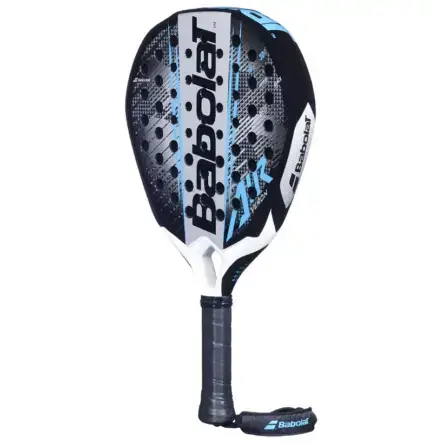 Babolat Air Veron 2.6 Rückansicht - weißer Rahmen mit blauen Akzenten, schwarze Schlagfläche und deutlich sichtbarer Babolat-Schriftzug