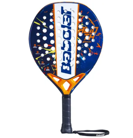 Babolat Alioth JR Padel-Schlaeger Frontalansicht - rundes Kopfformat in Blau-Orange mit weissen Loechern und Babolat-Schriftzug