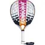 Babolat Dyna Energy Padelschlaeger Frontansicht - Tropfenform in Pink-Orange-Weiss, Carbon Flex Schlagflaeche mit Microperf-Technologie und HPS-Lochsystem