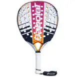 Babolat Dyna Energy Padelschlaeger Frontansicht - Tropfenform in Pink-Orange-Weiss, Carbon Flex Schlagflaeche mit Microperf-Technologie und HPS-Lochsystem