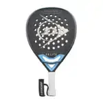 Schwarzer Dunlop FX Lite Padelschlaeger Vorderseite Diamantform mit blauen Rahmenakzenten und weissem Dunlop Flying D Logo