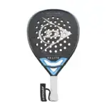 Schwarzer Dunlop FX Lite Padelschlaeger Vorderseite Diamantform mit blauen Rahmenakzenten und weissem Dunlop Flying D Logo