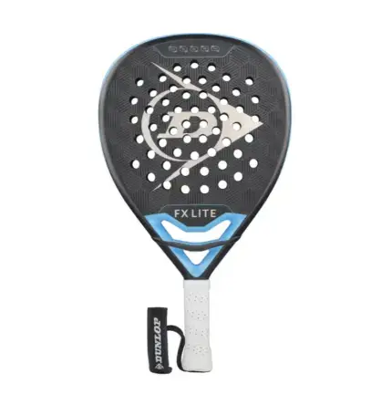 Schwarzer Dunlop FX Lite Padelschlaeger Vorderseite Diamantform mit blauen Rahmenakzenten und weissem Dunlop Flying D Logo
