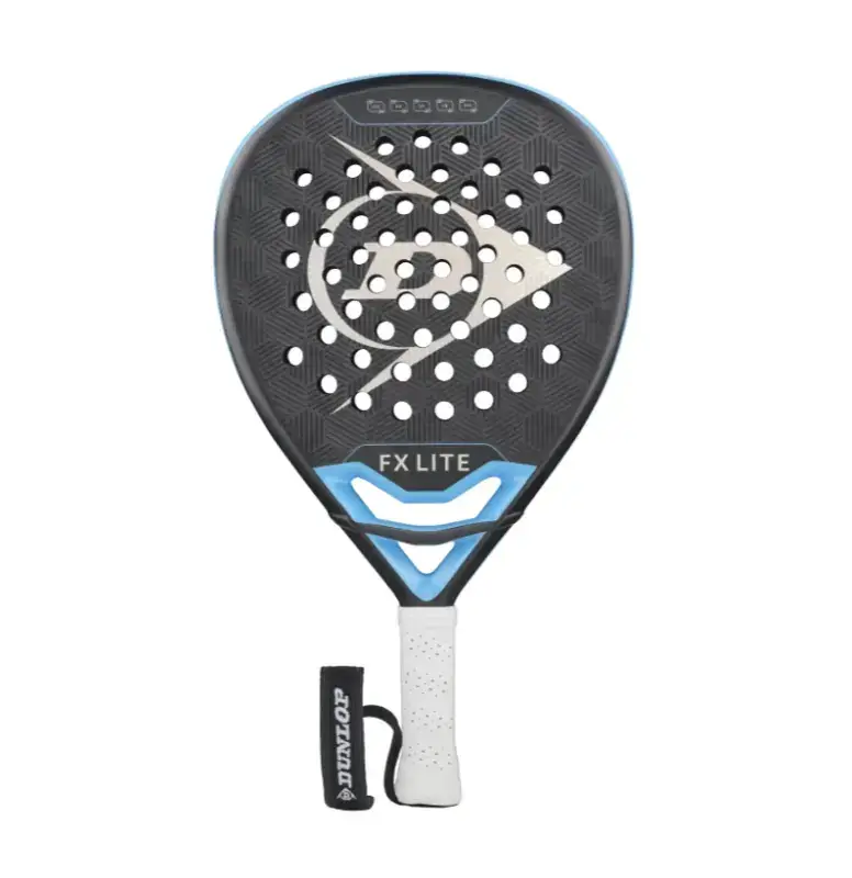 Schwarzer Dunlop FX Lite Padelschlaeger Vorderseite Diamantform mit blauen Rahmenakzenten und weissem Dunlop Flying D Logo