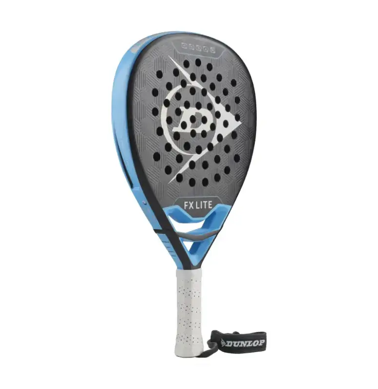 Dunlop FX Lite Padelschlaeger Rueckseite schwarz mit blauen Rahmenakzenten weissem Dunlop Schriftzug und FX Lite Branding