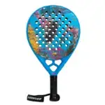 Dunlop Galactica OS by Nisse Padelschlaeger Vorderseite Oversize-Rundform hellblauer Rahmen buntes Graffiti-Kunstdesign pink gelb multicolor Limited Edition 500 Stueck