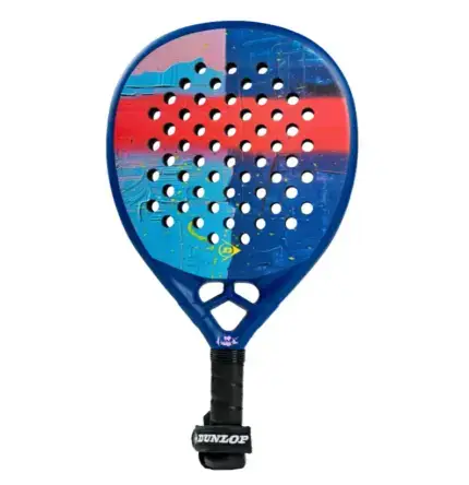 Dunlop Galactica Pro by Nisse Padelschlaeger Vorderseite Hybridform blau mit rot-korallem Graffiti-Kunstdesign Dunlop Flying D Logo Limited Edition 500 Stueck