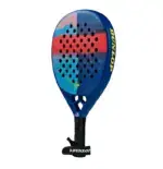 Dunlop Galactica Pro by Nisse Padelschlaeger schraege Gesamtansicht mit Armschlaufe blau-rotes Graffiti-Design und schwarzer Griff