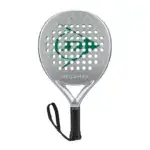 Silberner Dunlop Megamax Silver Padelschlaeger Vorderseite Rundform mit grossem gruenem Dunlop Flying D Logo schwarzem Griff und Armschlaufe