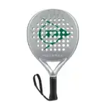 Silberner Dunlop Megamax Silver Padelschlaeger Vorderseite Rundform mit grossem gruenem Dunlop Flying D Logo schwarzem Griff und Armschlaufe