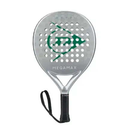 Silberner Dunlop Megamax Silver Padelschlaeger Vorderseite Rundform mit grossem gruenem Dunlop Flying D Logo schwarzem Griff und Armschlaufe