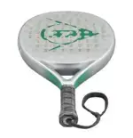 Dunlop Megamax Silver Padelschlaeger schraege Frontansicht silber mit spiralfoermiger schwarzer Armschlaufe und gruenem Flying D Logo