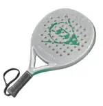 Dunlop Megamax Silver Padelschlaeger schraege Rueckansicht silber mit gruenem Dunlop Logo und schwarzer Armschlaufe