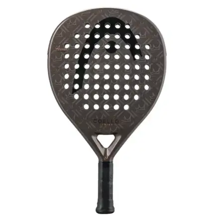 Dunkelgrauer Head Coello Junior Padelschlaeger Vorderseite Oversize-Tropfenform mit goldenem HEAD Logo schwarzem Griff Kinder-Padelschlaeger by Arturo Coello