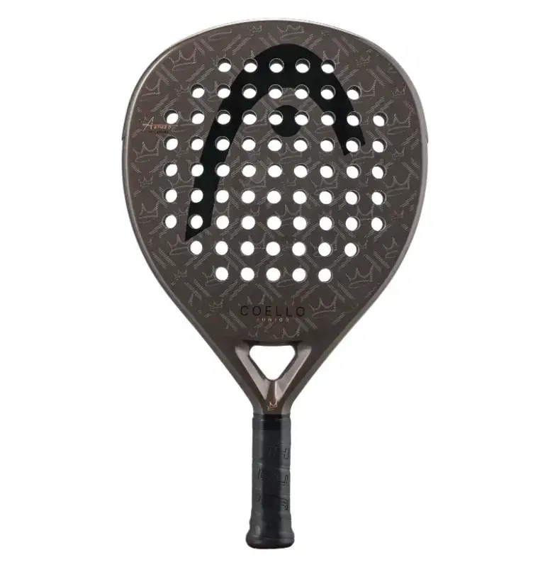 Dunkelgrauer Head Coello Junior Padelschlaeger Vorderseite Oversize-Tropfenform mit goldenem HEAD Logo schwarzem Griff Kinder-Padelschlaeger by Arturo Coello